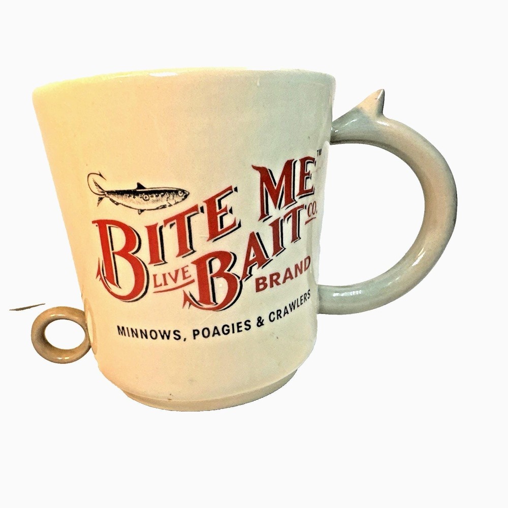 Vintage Bite Me Bait Co. Newport RI Ceramic Coffee Mug Fish Hook Handle EVC